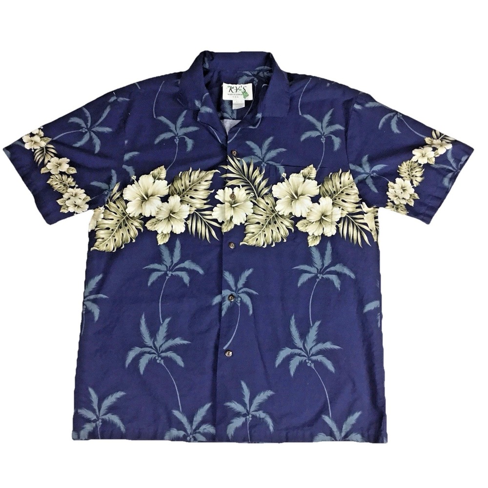 KY'S Hawaiian Shirt Mens Large Navy Blue Hibiscus Palm‎ Tree Cotton Made in USA